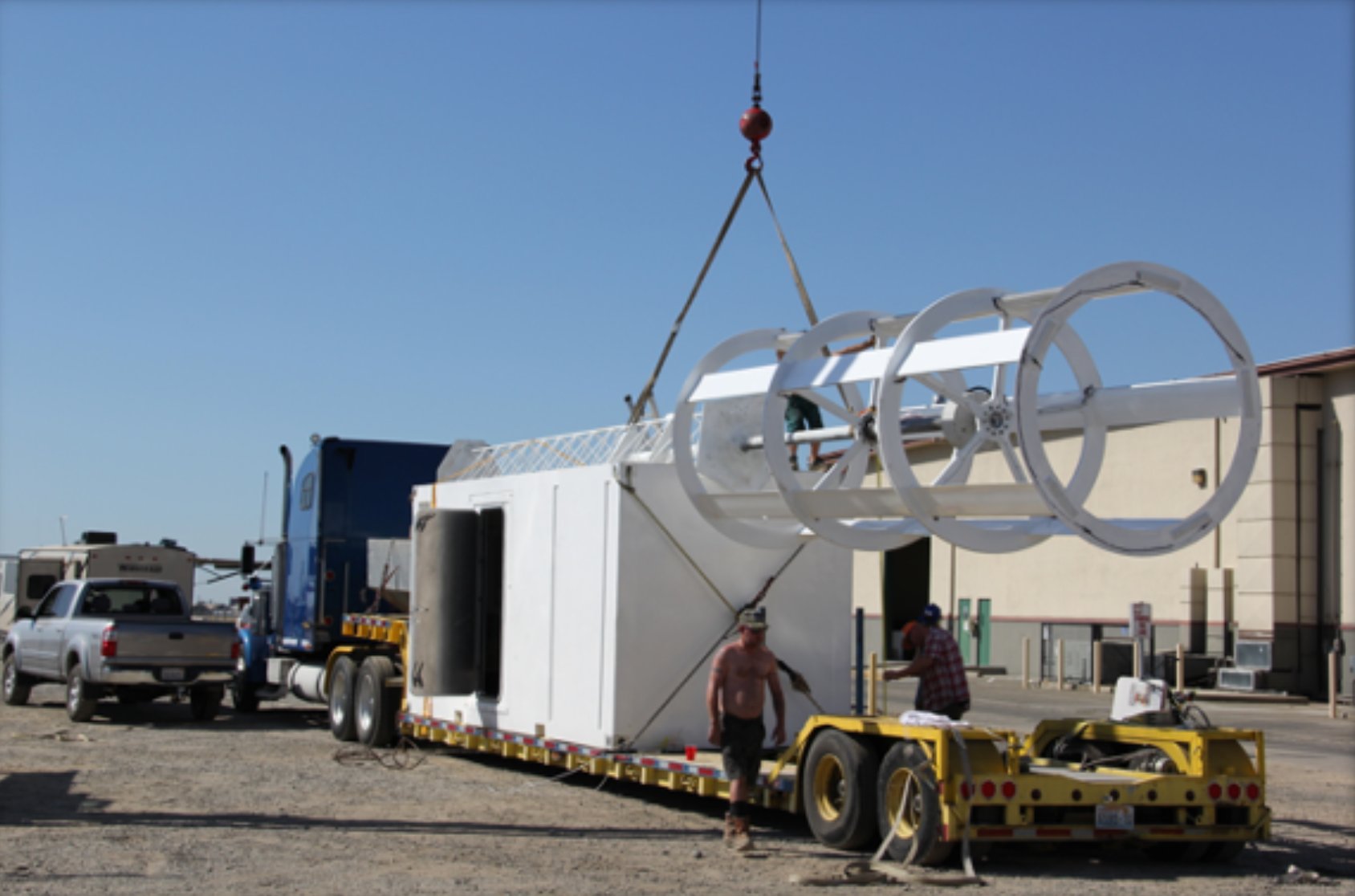 Full-scale Sylentra MAG-LEV turbine unit being moved — scale confirmed