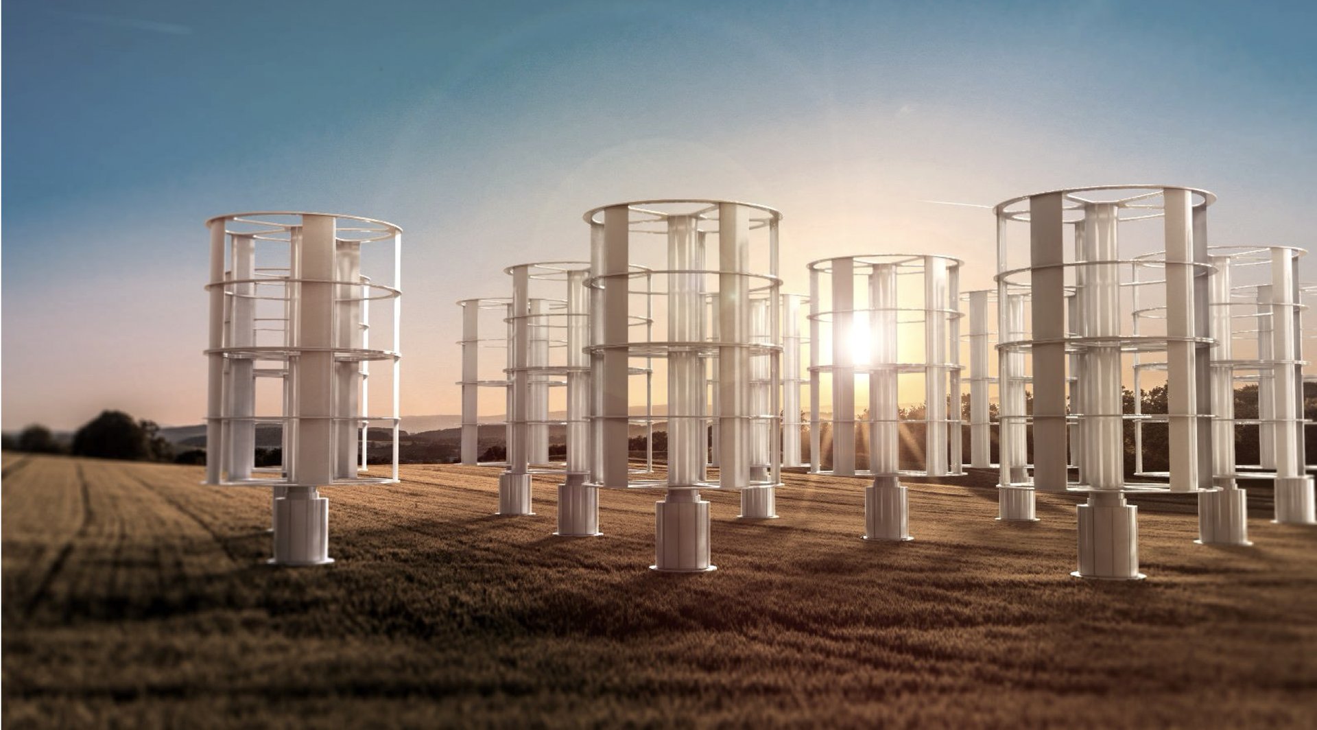 Sylentra MAG-LEV turbine farm at sunset — dense deployment showing 50× power density advantage